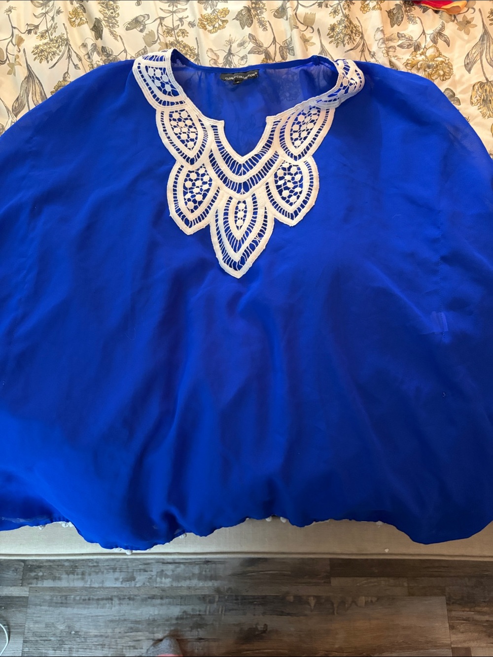 Blue Women's Blouse with White Crochet Neckline